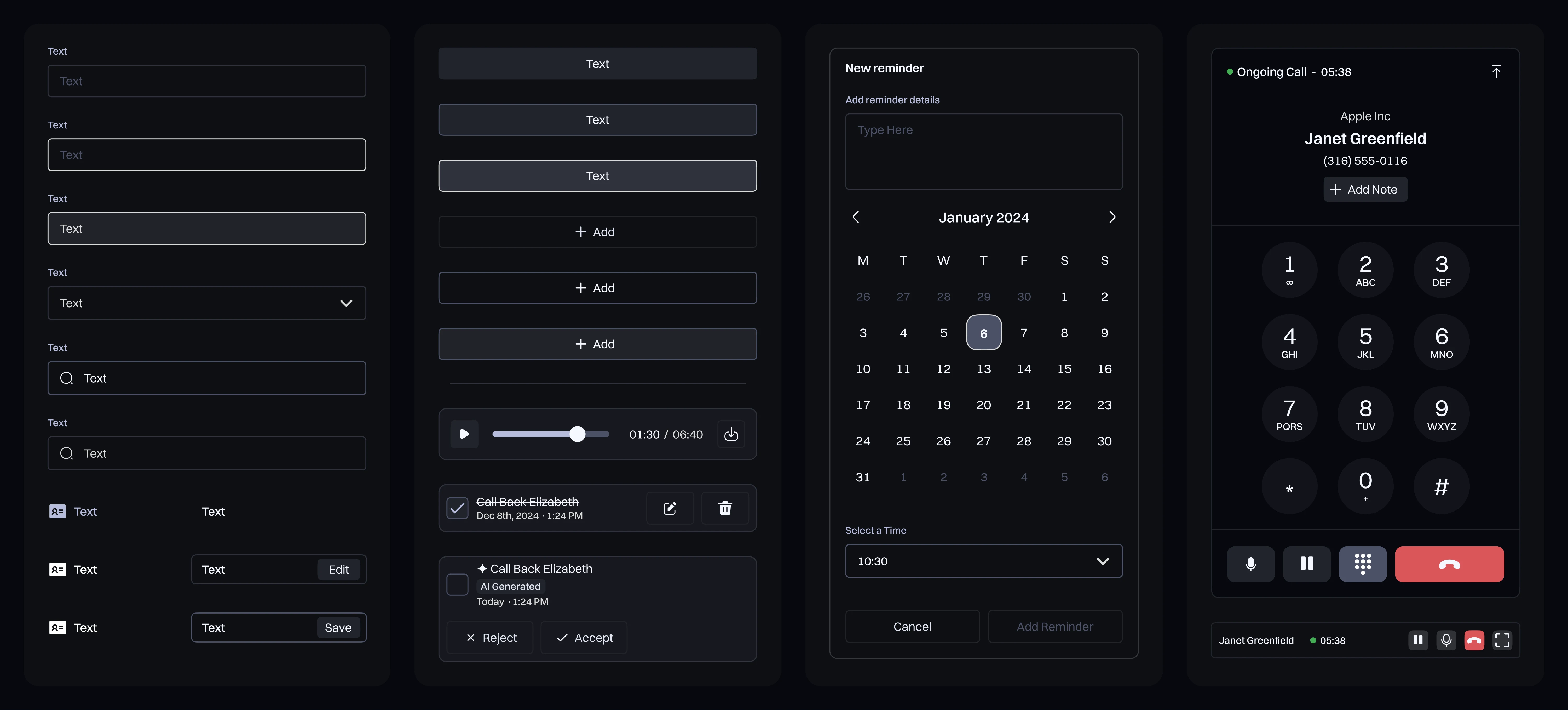Componentes de interfaz de Bounty para notas de llamada, recordatorios y el marcador activo