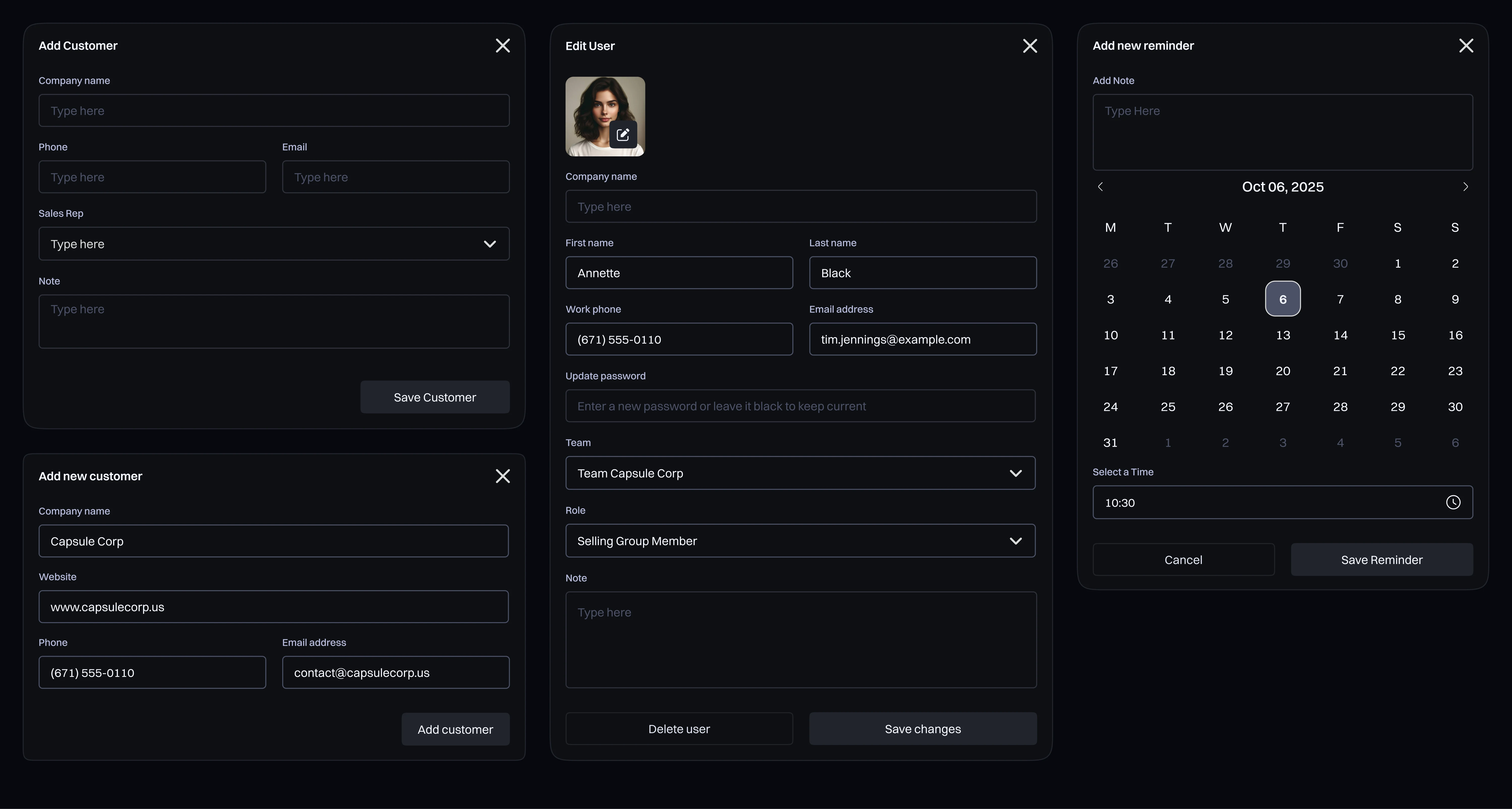 Modales de Bounty CRM para creación de clientes, edición de usuarios y programación de recordatorios