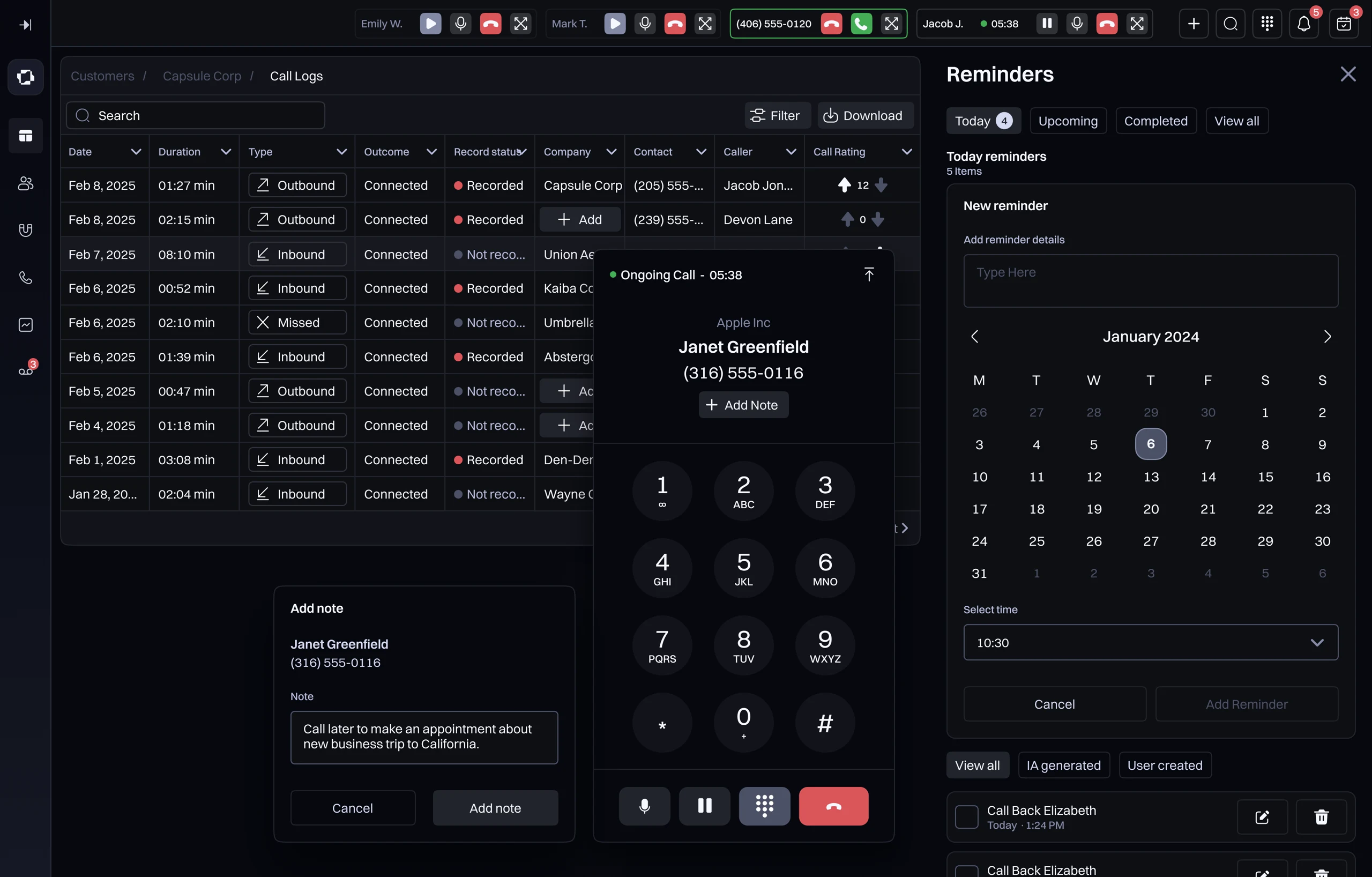 Registro de llamadas en Bounty CRM con marcador activo y panel de recordatorios