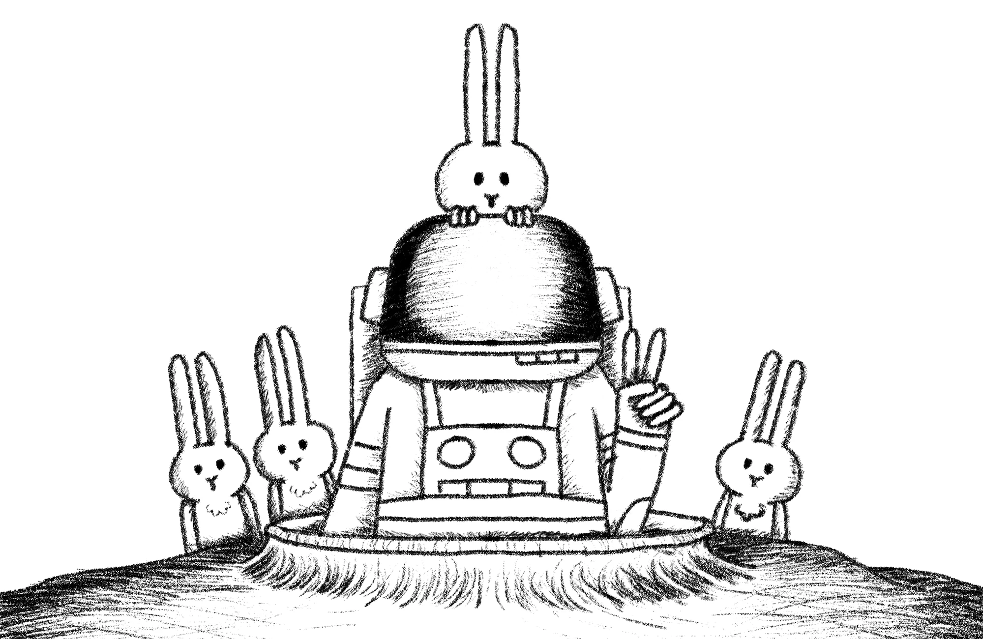 Ilustración Moonhoppers de conejos escoltando a un astronauta por la superficie lunar