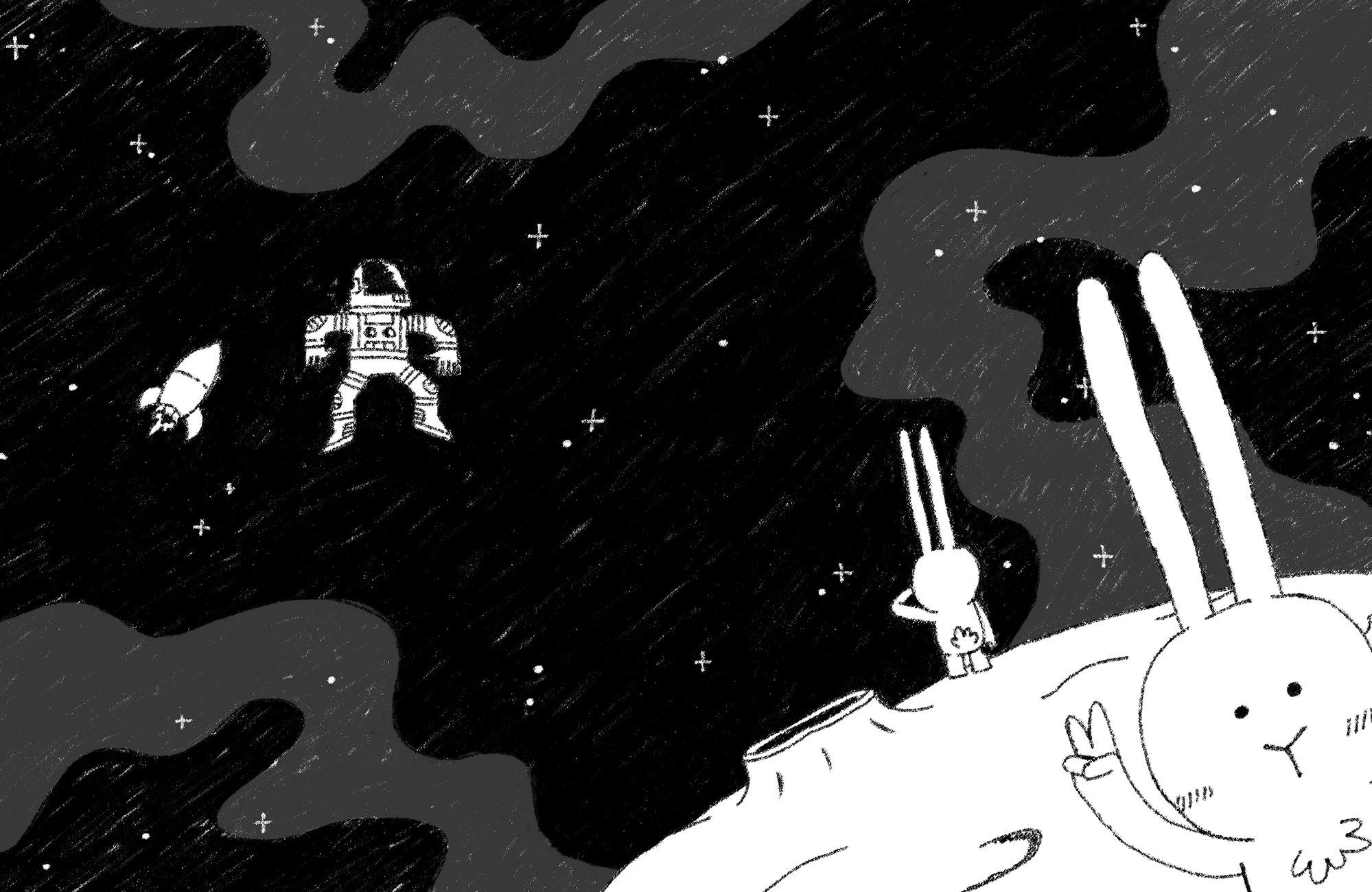 Ilustración Moonhoppers de dos conejos vigilando a un astronauta a la deriva en el espacio