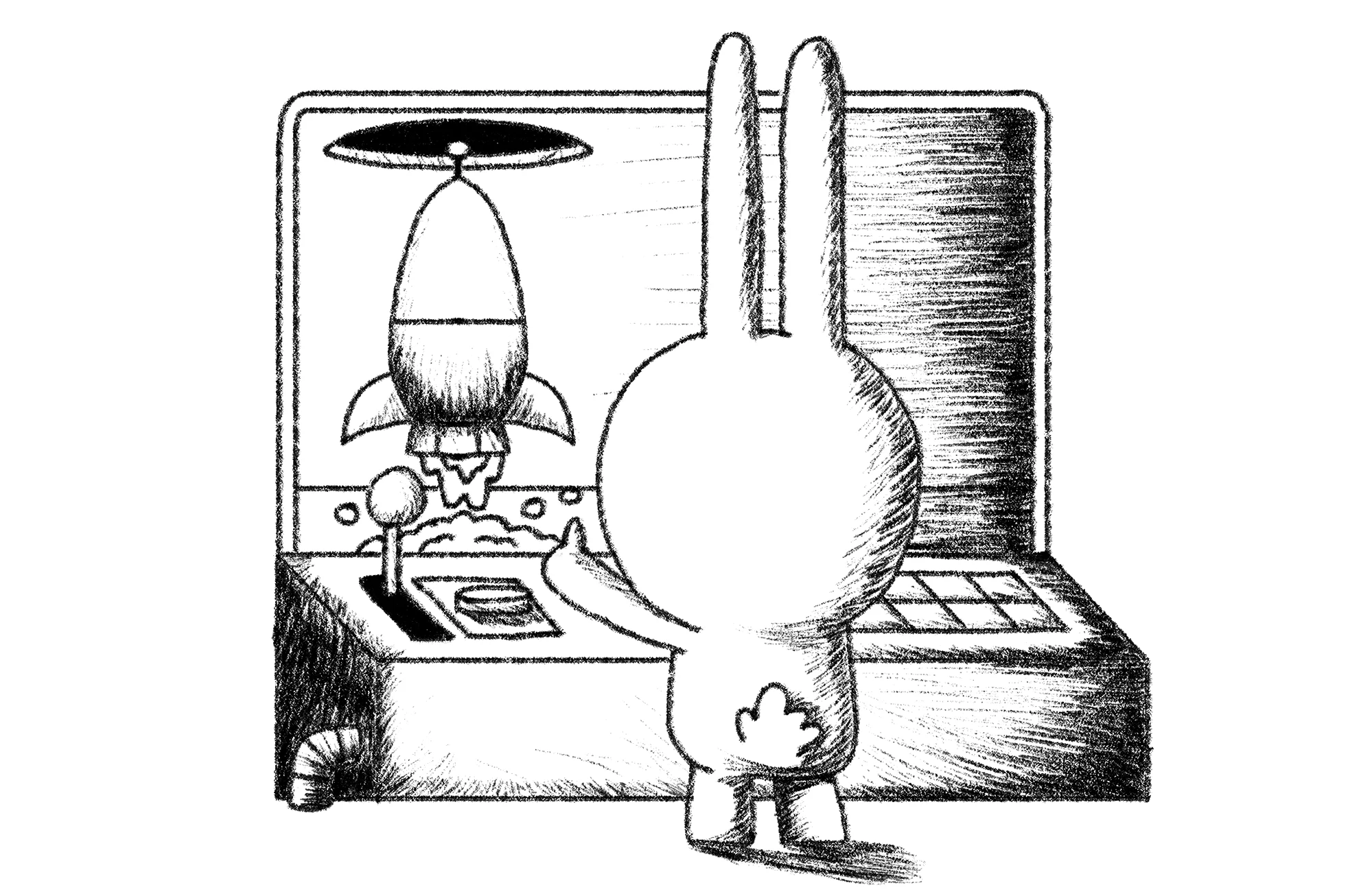 Ilustración Moonhoppers de un conejo guiando un rescate desde un centro de control en la luna
